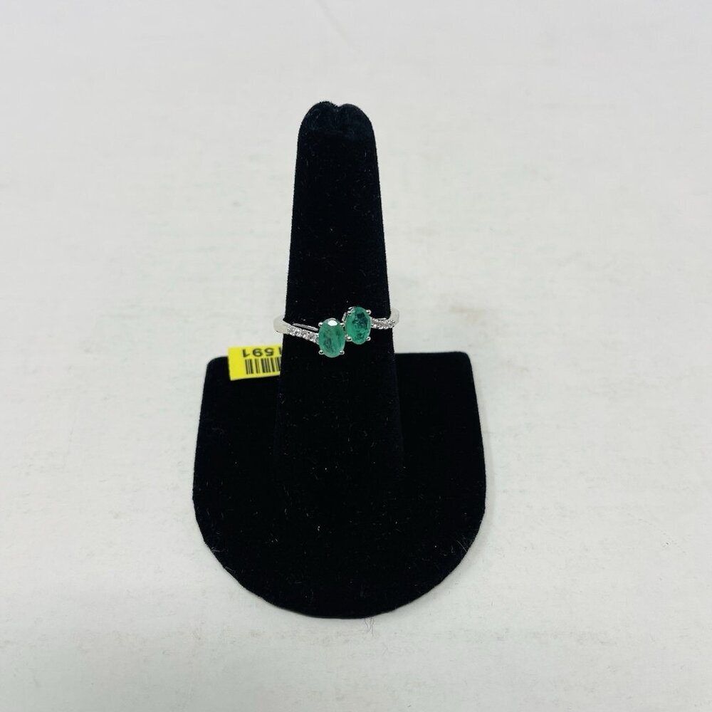 Kagem Zambian Emerald Size 8 Cambodian Zircon Platinum Sterling Silver Ring 5017